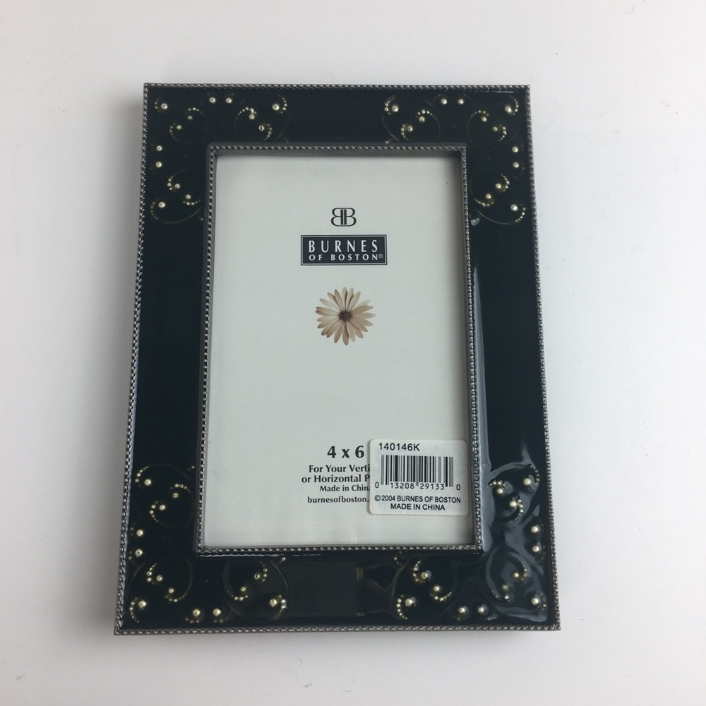 NWT Burnes of Boston Black Gloss Enamel Picture Frame Silver Beaded Accent 4x6